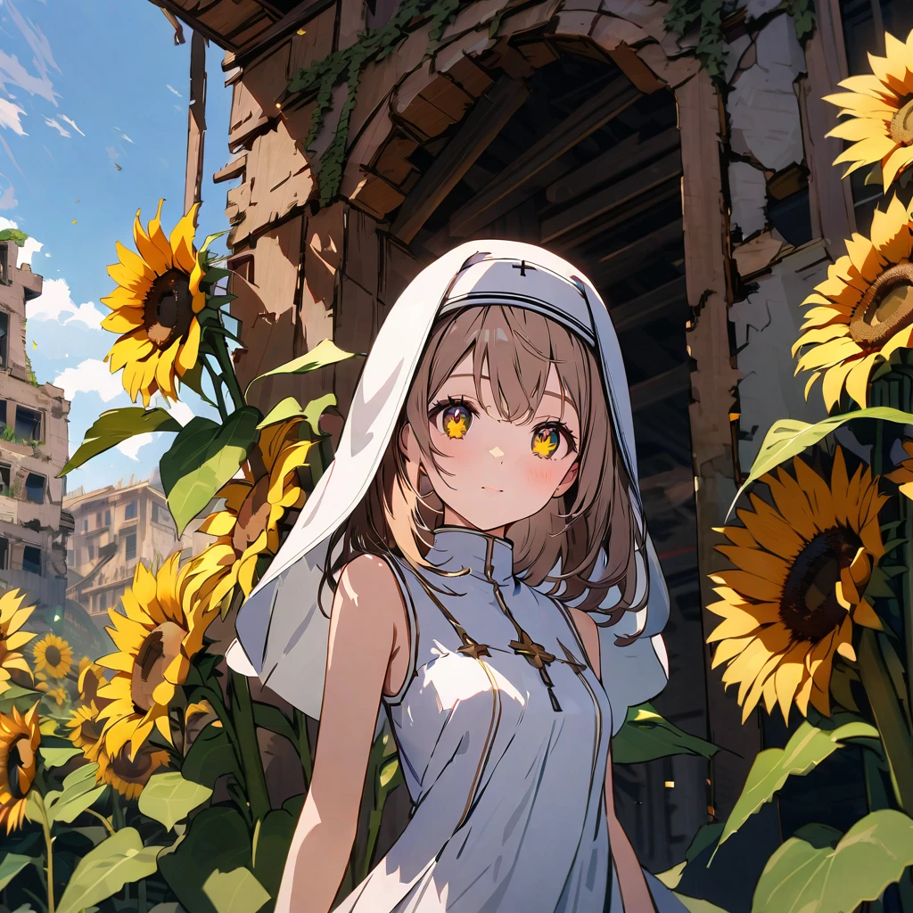 Nun in sleeveless robes, Summer ruins, Sunflowers, Face up, 4k, UHD, Detailed background, Detailed depiction, Ultra quality, Detailed background, Beautiful face, Sparkling eyes,