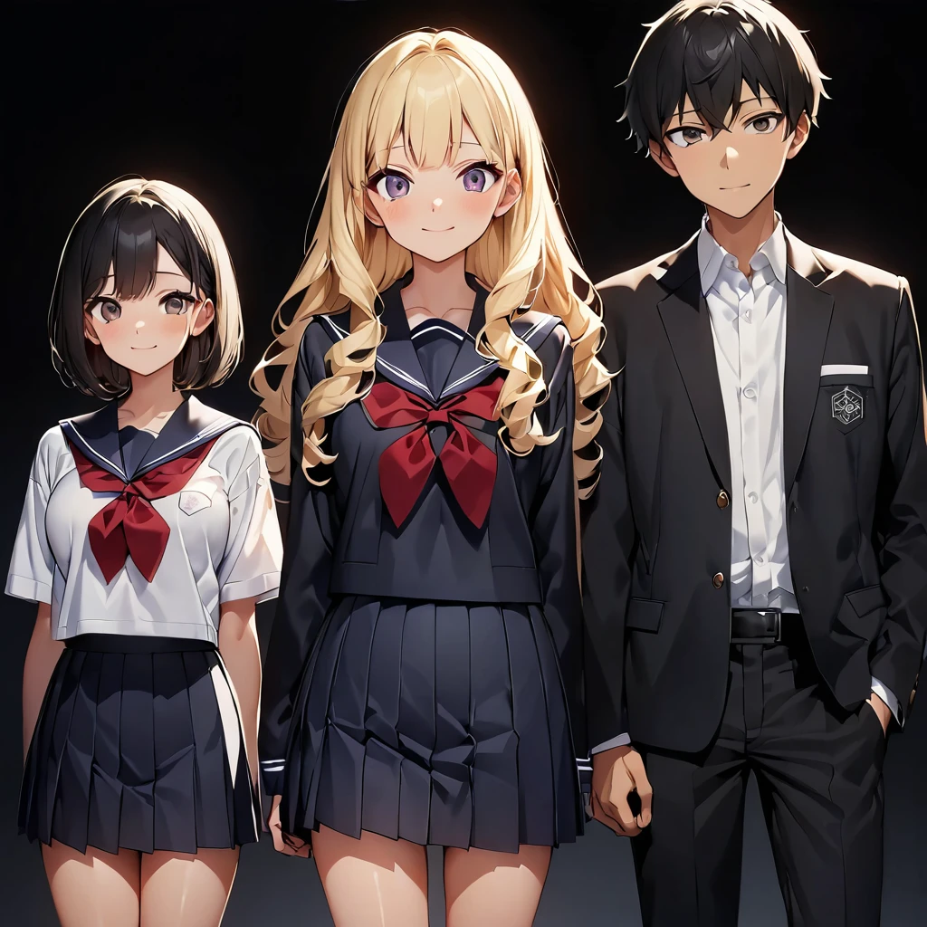 (highest quality:1.2, Very detailed, up to date, Vibrant, Ultra-high resolution, High Contrast, masterpiece:1.2, highest quality, Best aesthetics), anime, whole body, multiple people、(two girls and 1 boy:1.5), (two girls are standing on either side of the boy:1.2), (they are 22-years-old:1.5), wearing high-school uniform, (one girl on the left ((Japanese, 22-years-old, Narrow space between the eyes, Big slant eyes, tsurime:1, Small Nose, blonde hair:1, Medium long wavy hair:1, very tall:1, medium Breasts, sexy, slim, school uniform) and one boy in center (Japanese, 22-years-old, tall, slim, male, black hair:1, brown eyes) and one girl on the right (Japanese, 22-years-old, Narrow space between the eyes, Big slant eyes, Small Nose, black Hair, short cut, bob cut, medium Breasts, slim, school uniform)), (No background:1.4), ((Plain white background:1.3)), standing side by side apart, look at viewer