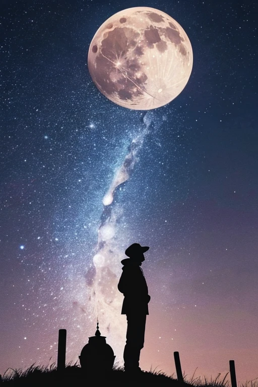 Highest quality,Big moon and shadow,A silhouette of a person can be seen against the backdrop of a large moon.,There is one full moon,There is a mood,Beautiful scenery,Starry Sky