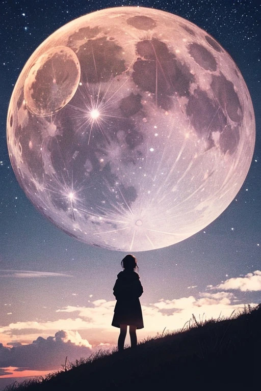 Highest quality,Big moon and shadow,A silhouette of a person can be seen against the backdrop of a large moon.,There is one full moon,There is a mood,Beautiful scenery,Starry Sky