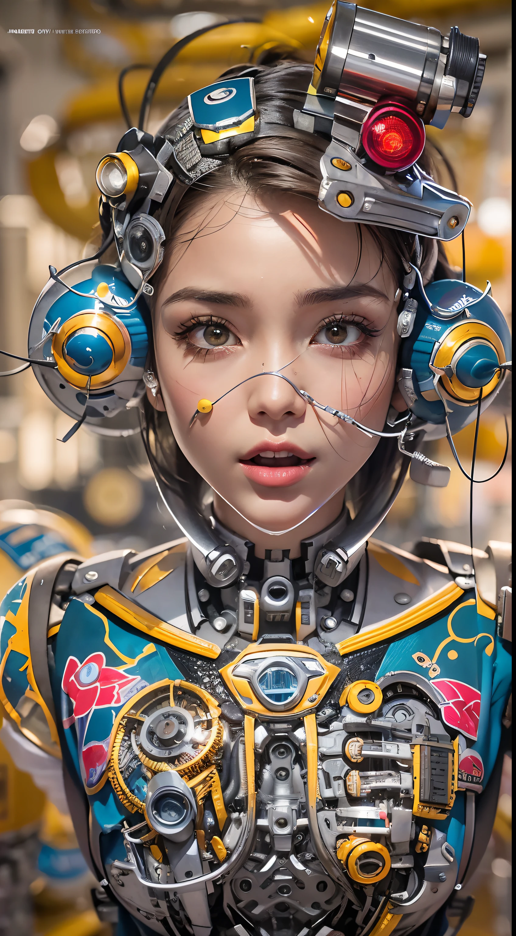 meilleure qualité， chef-d&#39;œuvre， Ultra haute résolution， Rendu avec le réalisme d&#39;une caméra， ((((Peinture corporelle colorée dans le style de Romero Brito)))),  vraie photographie，(((( Une fille mécanique))))，((seul))，(((Tout le corps))),((traits du visage parfaits，visage ravi))，((visage propre))，((Il n&#39;y a rien d&#39;autre dans le visage))， détaillé de manière très réaliste， Effets de lumière panoramiques， fin, Représentation précise des ombres， rendu par octane， Résolution 8K， Révélez des détails de peau éclatants， Représentation des matériaux métalliques， Représentation des tubes à vide、Tubes pour liquideanomètres d&#39;huile、tubes de verre、Simulez des détails comme des jauges， Mettre en valeur les détails des engrenages，  effet de lumière réaliste， Faire face aux yeux du public，Composants mécaniques， La colonne vertébrale mécanique est fixée à l’arrière， Fixation mécanique fixée au cou，