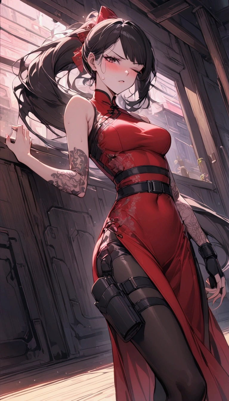 Dynamic composition,dutch angle,from side,{{masterpiece}}, {{{Highest quality}}},{{Very detailed}},{{Fight}},{{fighting stance:1.6}},{{critical situation:1.6}},{{hold down one's stomach with one's hands:1.6}},1girl,30years old,{Mature Woman}},cyberpunk,{{RED Chinese clothing:1.2}},Red sleeveless Chinese dress,pelvic curtain,black stockings,belt,black fingerless gloves,Lace arm covers,holster,{{Grit your teeth:1.4}},one eye closed, ,{{v-shaped eyebrows}},Bad mood,blush,Sweat,raise one's eyebrows ,{{View your viewers}}、Very long long hair in a ponytail.abdominal pain ,{{pain}},Inside the dojo,indoor