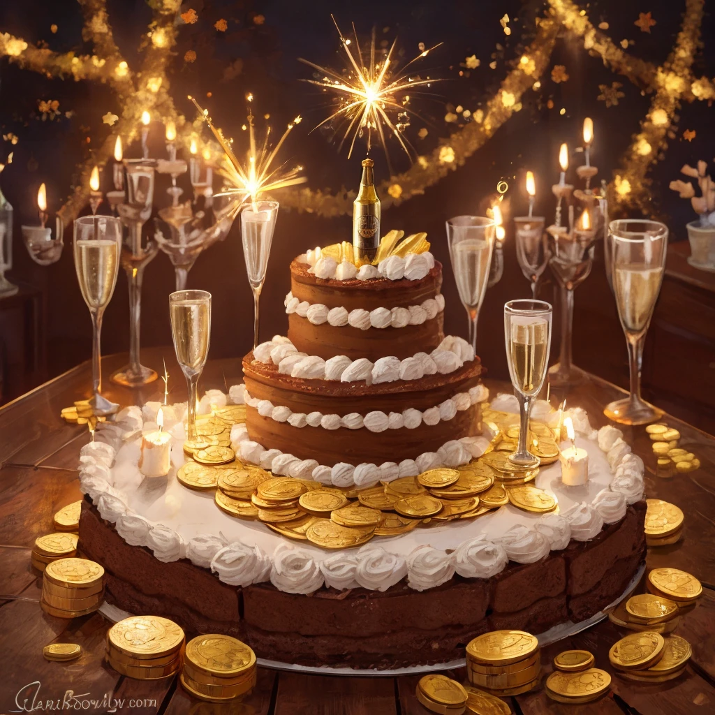 four-tier cake with a candle with the number 1. Decorate with sparklers, champagne gold coins