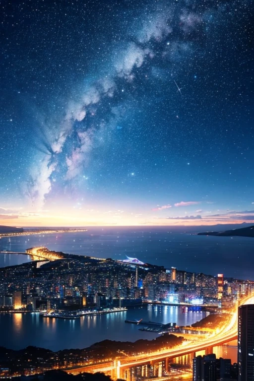 Highest quality、Ultra high definition、Beautiful starry sky、In the foreground you can see the calm sea and beyond it the neon lights of the city.