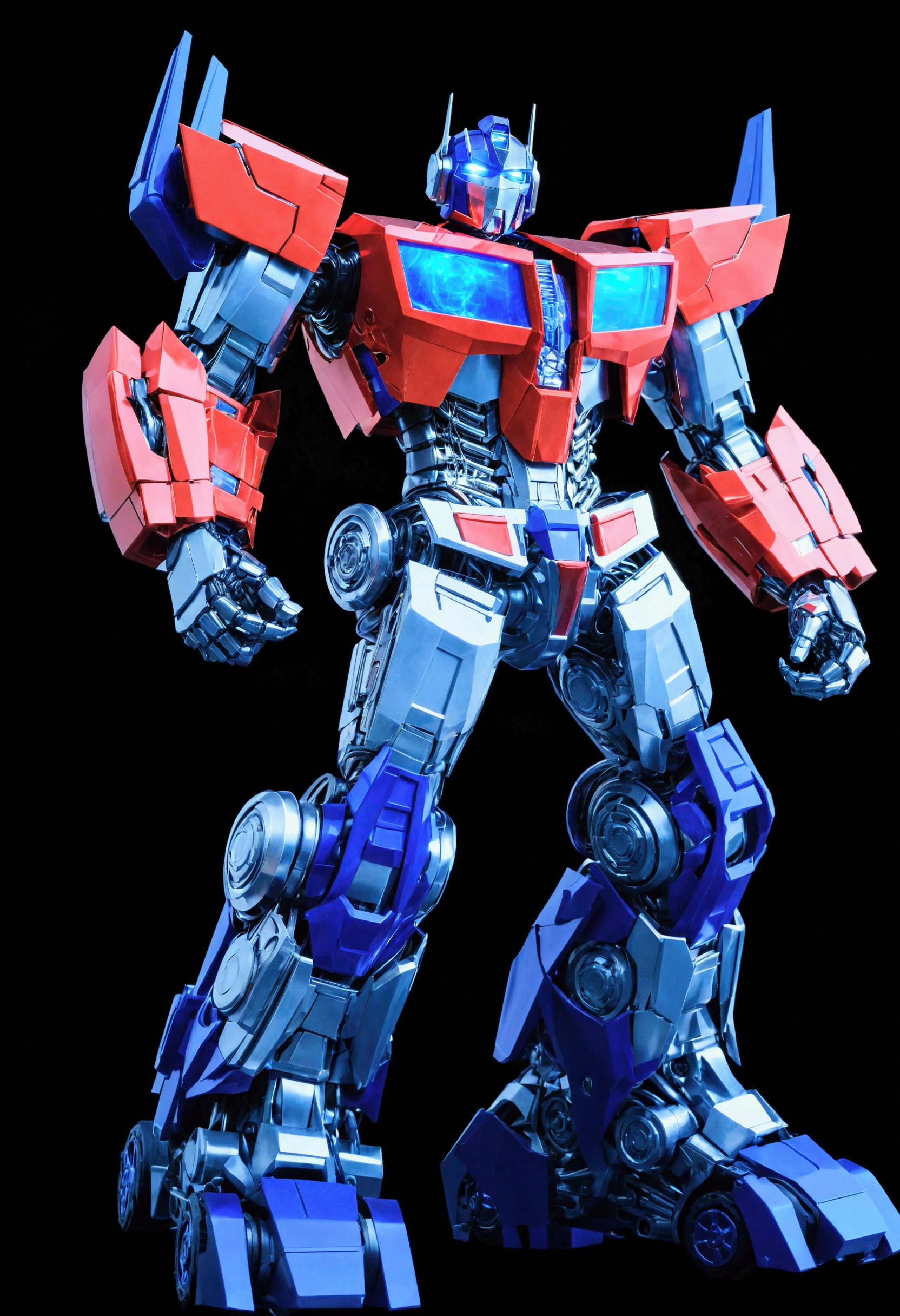 a highly detailed image of Optimus Prime, a transforming robot truck, in a dynamic action pose, intricate mechanical details, glowing blue energy, dramatic lighting, cinematic composition, photorealistic, 8k, masterpiece