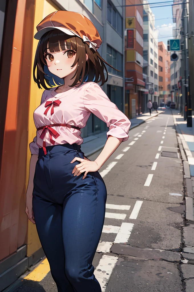 masterpiece, best quality, highres, aanadeko, short hair, brown hair, cabbie hat, orange headwear, blunt bangs, brown eyes, pink shirt, ribbon, blue pants, hand on hip, street, standing, cowboy shot,