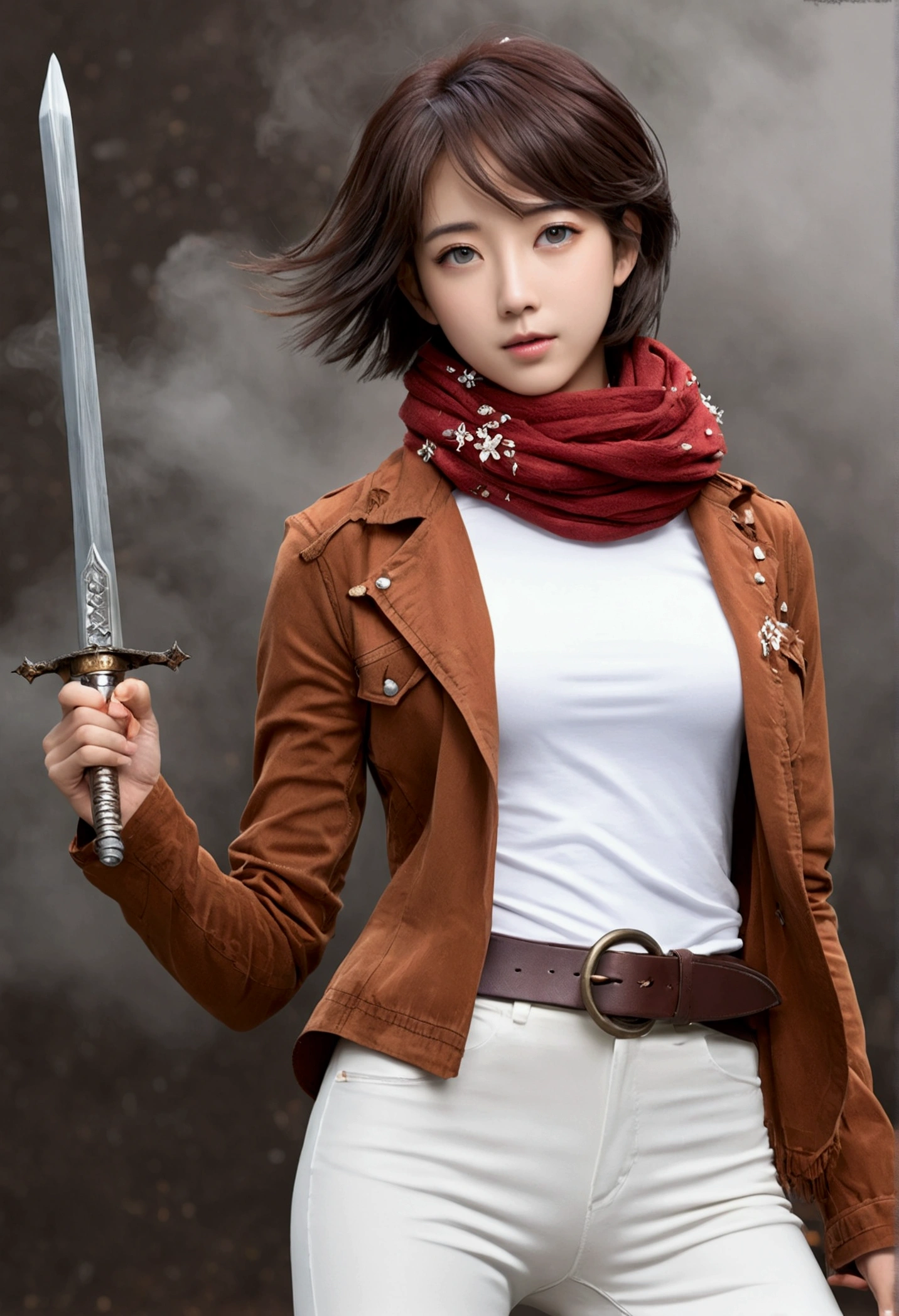 break, One girl, alone, View your viewers, (若くてcute美しい18歳の少女:1.4), 3D Face, beautiful girl, Beautiful Face, cute, Girl Face, K-Pop Idols,  Supermodel, A beautiful innocent symmetrical face, Perfect body, Mid-chest, Narrow waist, Slim legs, (Skin with attention to detail:1.4), Glowing Eyes, goddess, Natural skin texture, Glowing Skin, White skin, Beautiful Detailed face, Detailed face, Realistic skin texture, Cute delicate face, finely Detailed face, Golden Ratio, Golden Ratio face, Expressive eyes, Perfect Face, Perfect Skin, Perfect Face, Clear Face, Shiny Hair, 青White skin, Proper body balance, Perfect Anatomy, Realistic skin texture, Seductive lips, Glossy Lips, Natural Makeup, Beautiful and shining eyes, Slim figure, Complex eyes, Detailed pupil, Detailed face and eyes, Long eyelashes, blush, Good move, Perfect hands, cute face, Beautiful female body, Detailed skin, oily Glowing Skin, break, (((((Attack on Titan, (Brown jacket, Symbolism, White shirt, White pants:1.5), (Hmm, short hair, Iris, scarf, belt, Thigh straps, red scarf, Long sleeve:1.4), (Have a weapon, sword, Two-Way, 3D Maneuvering Device, Combat Stance, null:1.4), (Fight, Adventurous look:1.3), (blush, Fantasy, scenery, plant, Open your mouth:1.2),  (Highly detailed worn metal texture:1.2), (Floating colorful sparkles, The light is shining, Dust is drifting, Floating flower spike, fog, Wind:1.2), (rust, mud, Dust, scratch, 金属の質感の擦りscratch:1.2), (jump:1.4)