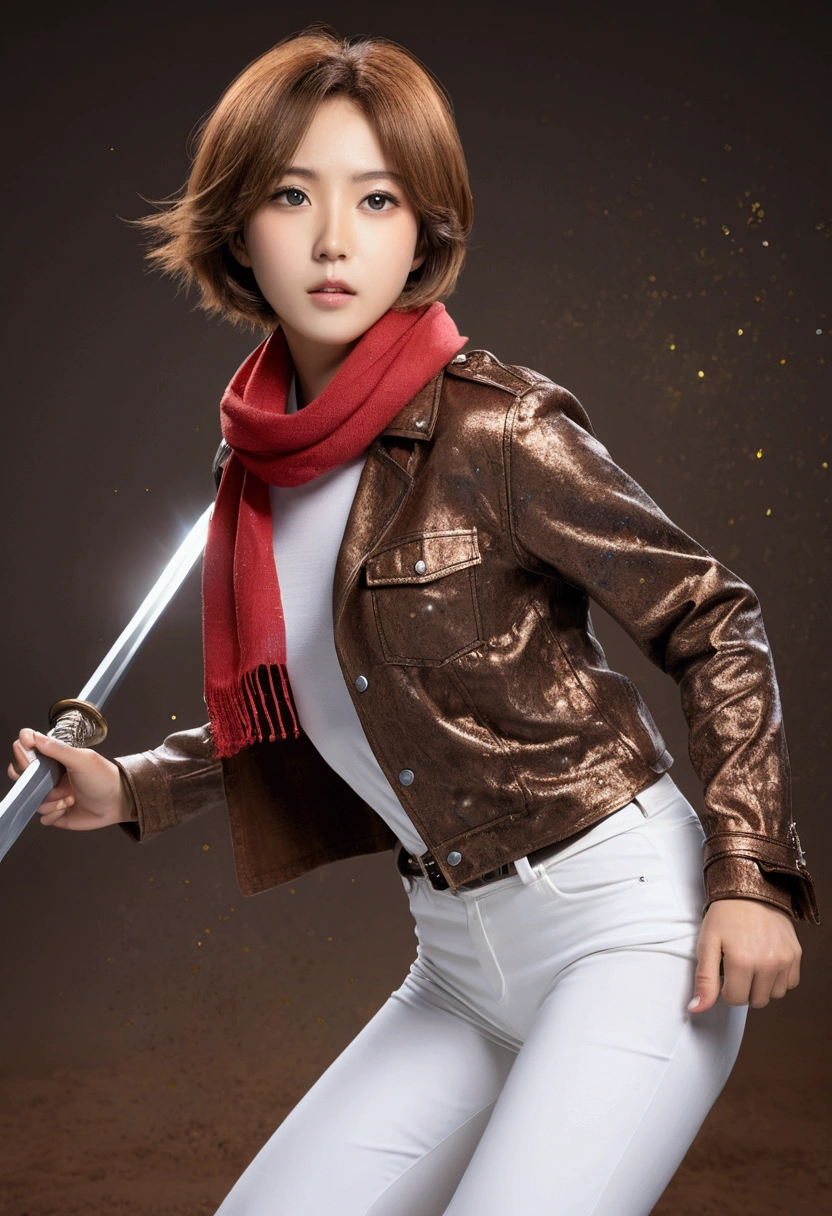 break, One girl, alone, View your viewers, (若くてcute美しい18歳の少女:1.4), 3D Face, beautiful girl, Beautiful Face, cute, Girl Face, K-Pop Idols, Supermodel, A beautiful innocent symmetrical face, Perfect body, Mid-chest, Narrow waist, Slim legs, (Skin with attention to detail:1.4), Glowing Eyes, goddess, Natural skin texture, Glowing Skin, White skin, Beautiful Detailed face, Detailed face, Realistic skin texture, Cute delicate face, finely Detailed face, Golden Ratio, Golden Ratio face, Expressive eyes, Perfect Face, Perfect Skin, Perfect Face, Clear Face, Shiny Hair, 青White skin, Proper body balance, Perfect Anatomy, Realistic skin texture, Seductive lips, Glossy Lips, Natural Makeup, Beautiful and shining eyes, Slim figure, Complex eyes, Detailed pupil, Detailed face and eyes, Long eyelashes, blush, Good move, Perfect hands, cute face, Beautiful female body, Detailed skin, oily Glowing Skin, break, (((((Attack on Titan, (Brown jacket, Symbolism, White shirt, White pants:1.5), (Hmm, short hair, Iris, scarf, belt, Thigh straps, red scarf, Long sleeve:1.4), (Have a weapon, sword, Two-Way, 3D Maneuvering Device, Combat Stance, null:1.4), (Fight, Adventurous look:1.3), (blush, Fantasy, scenery, plant, Open your mouth:1.2), (Highly detailed worn metal texture:1.2), (Floating colorful sparkles, The light is shining, Dust is drifting, Floating flower spike, fog, Wind:1.2), (rust, mud, Dust, scratch, 金属の質感の擦りscratch:1.2), (jump:1.4)
