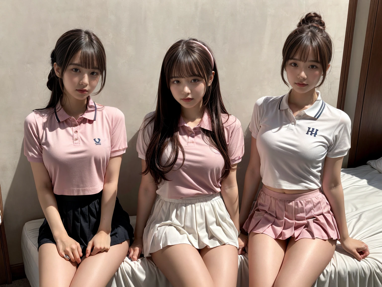 masterpiece, best quality, illustration, Super detailed, fine details, High resolution, 8K,wall paper, perfect dynamic composition,(Details High quality, realistic depiction of eyes:1.3), (2 girls), BREAK (white theme:1.4), (tucked-out short sleeve white polo shirt:1.4), (pink lines on tops outline:1.3), (pure white pleated mini skirt:1.3), (hem of top covers top half of skirt:1.3), (pink fluffy scrunchie on wrist:1.3), (white and pink sports shoes:1.2), sitting, open legs, short bob hair, in a hotel room in the background, deep on field, (large breasts:1.2), black hair color, Big Natural Color Lip, (perfect body shape), crying a little、Harajuku style、20 year old girl、cute type、beautiful legs, Gravure Idol