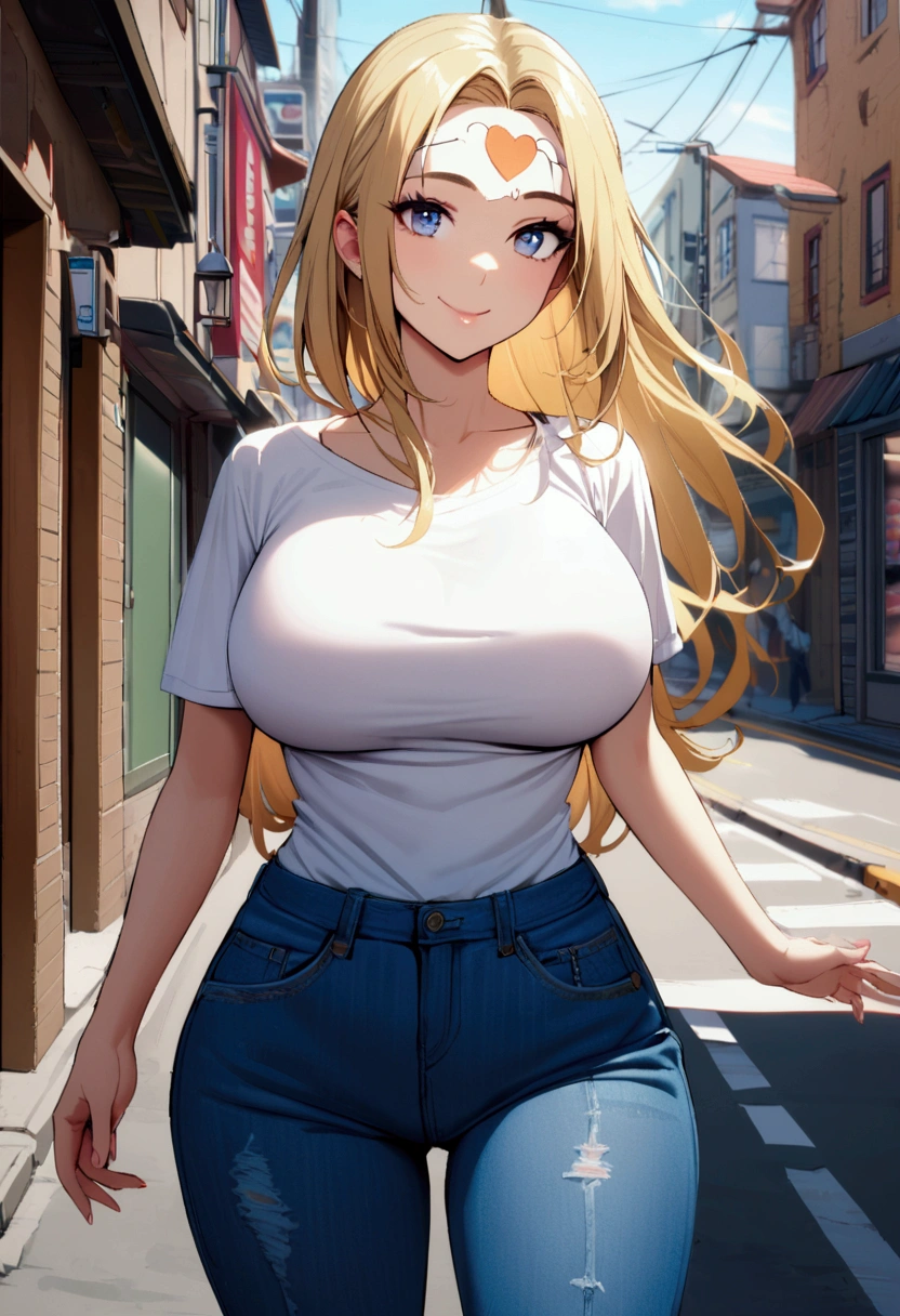 1girl with long blonde hair, blue eyes, smile, big breasts, white t shirt and jeans, street, sunglasses on forehead