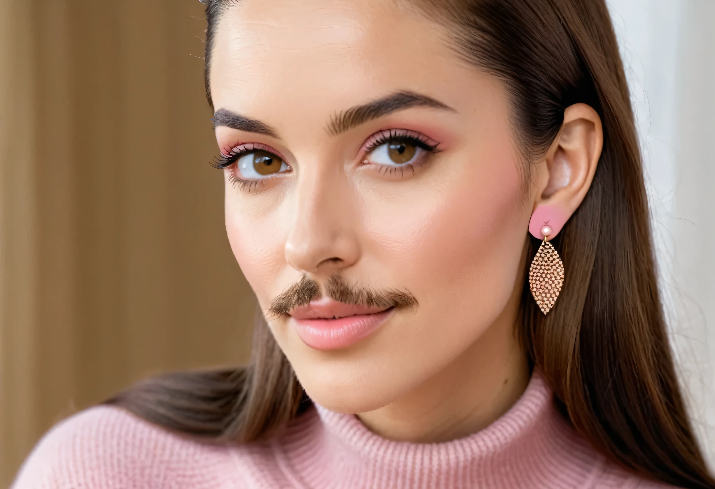 French woman with peach fuzz, three-day beard, stubble beard, long, straightened brown hair, brown eyes, earrings, wears a pink sweater, stubble beard