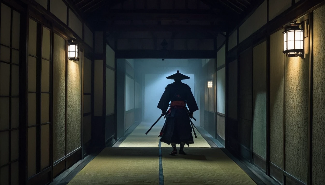 Misty Night、A samurai walking alone through the corridors of an old castle