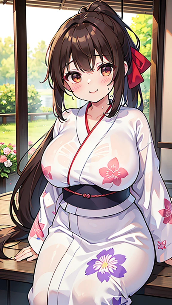 Elegant dressing,masterpiece, best quality, 1girl,  (ultra maximum large huge yukata, breasts clothes, Wear yukata that larger and roomier than body, tighten front tightly), brown hair,((long ponytail hair)),hair air intake, flush and smile,ultra big large huge breasts,sweaty,Sweat-soaked and transparent yukata,Flower-patterned yukata,