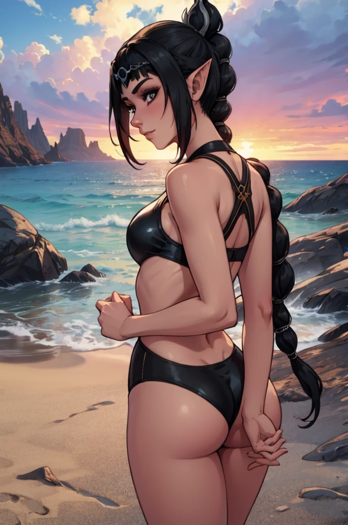 Shadowheart from Baldur's Gate 3, sexy elf girl with black hair tied in a braid, sunset beach, beach, swimsuit, girl in a black beach swimsuit