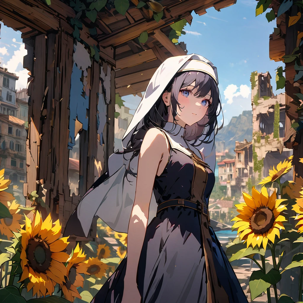 Nun in sleeveless robes, Summer ruins, Sunflowers, Face up, 4k, UHD, Detailed background, Detailed depiction, Ultra quality, Detailed background, Beautiful face,