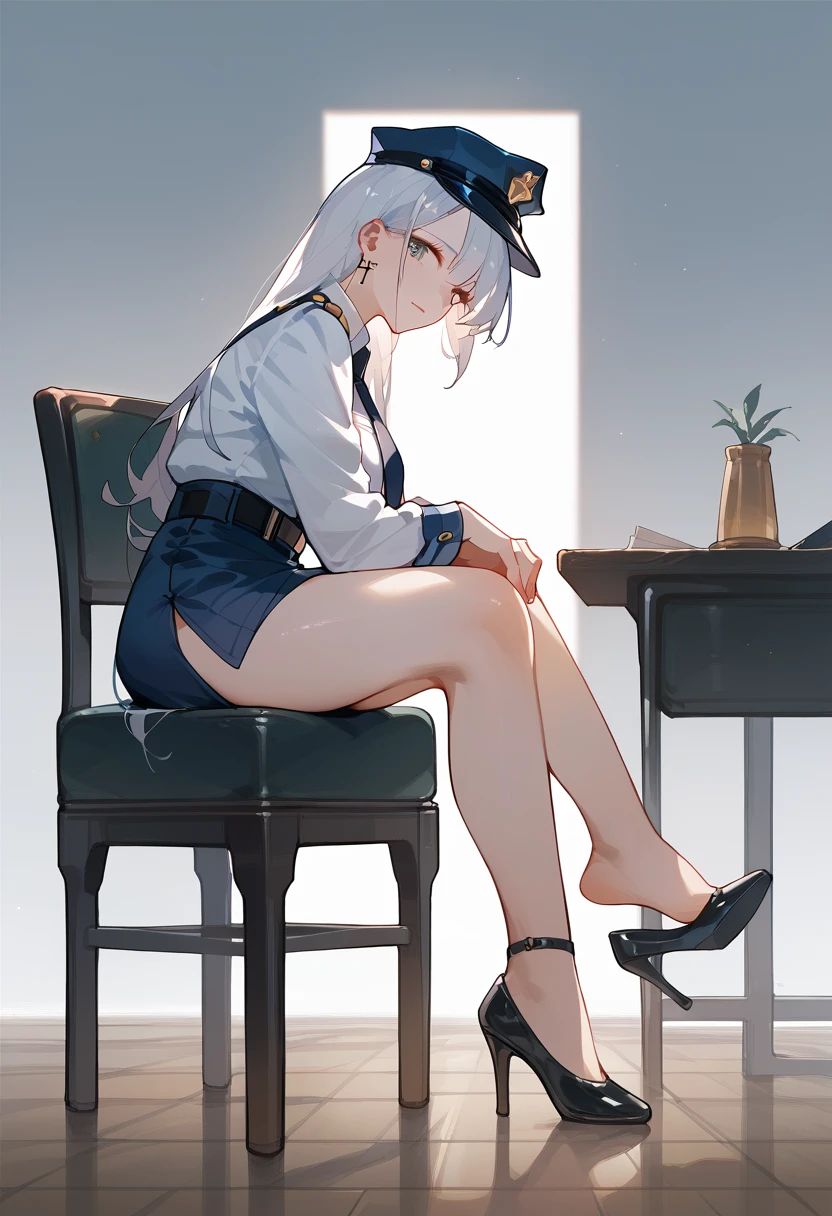 1girl, cross legged on a chair, hot officer girl, sitting, looking a viewer, from side, showing her feet 