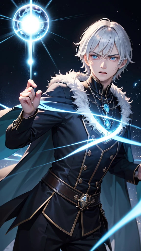 (Highest quality,Very detailed,High resolution:1.2),One adult male,Silver Hair,The most beautiful young man in human history,(1 photo from the front),Dark blue eyes (Dark blue eyes:1.1),さみし気なaura(aura:1.1),(mysterious,Ghostly:1.1) atmosphere,Looks like half a demon,(Demonic traits,Demonic traits),(Elaborate,wonderful) ,Strong Body、Shortcuts、Use magic、auraが漂う、Cape、Stocky physique、Confident expression、Very short hair、The bangs are swept to the side、Permed hair、Sharp eyes、Angry expression、Has a glowing blue fireball、Emits a flash of light from the body、Are standing、((Very angry))、((I'm filled with anger))