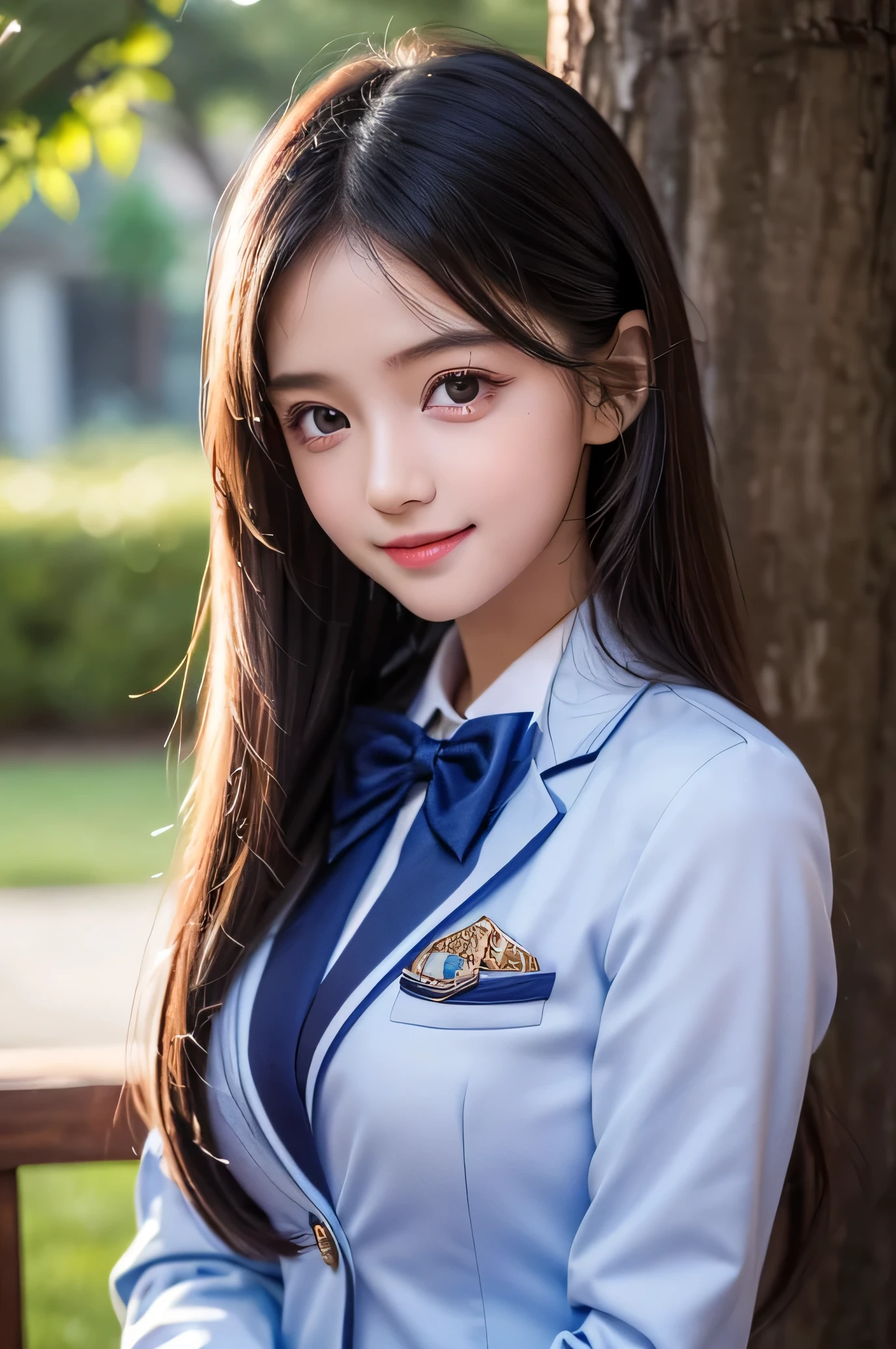 (Very beautiful cute girl), (very cute face:1.2),5 yo, (:1.2),(sparking crystal clear attractive large eyes), Beautiful detailed eyes, Detailed double eyelids, (smiling), (realistic photograph:1.1), long straight hair,dark blue blazer high-school uniform,red neck bow tie