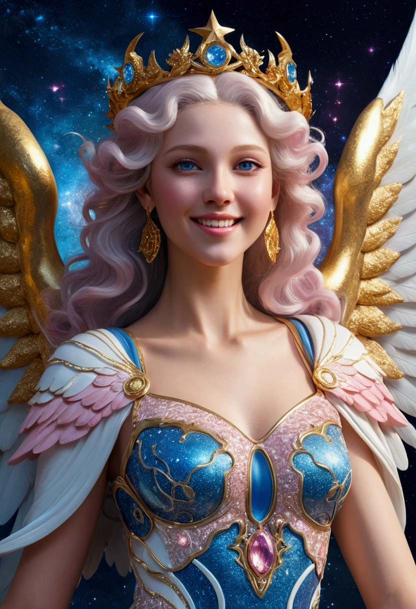 A close-up, hyperdetailed masterpiece of a beautiful female angel with pale pink and blue wings, wearing a blue and white dress, standing in front of a shining golden Galaxy Universe. Godness, Medusa pretty, Hyper Realistic face, smile, skin, teeth, and eyes. Best quality, vivid, UHD, 48K