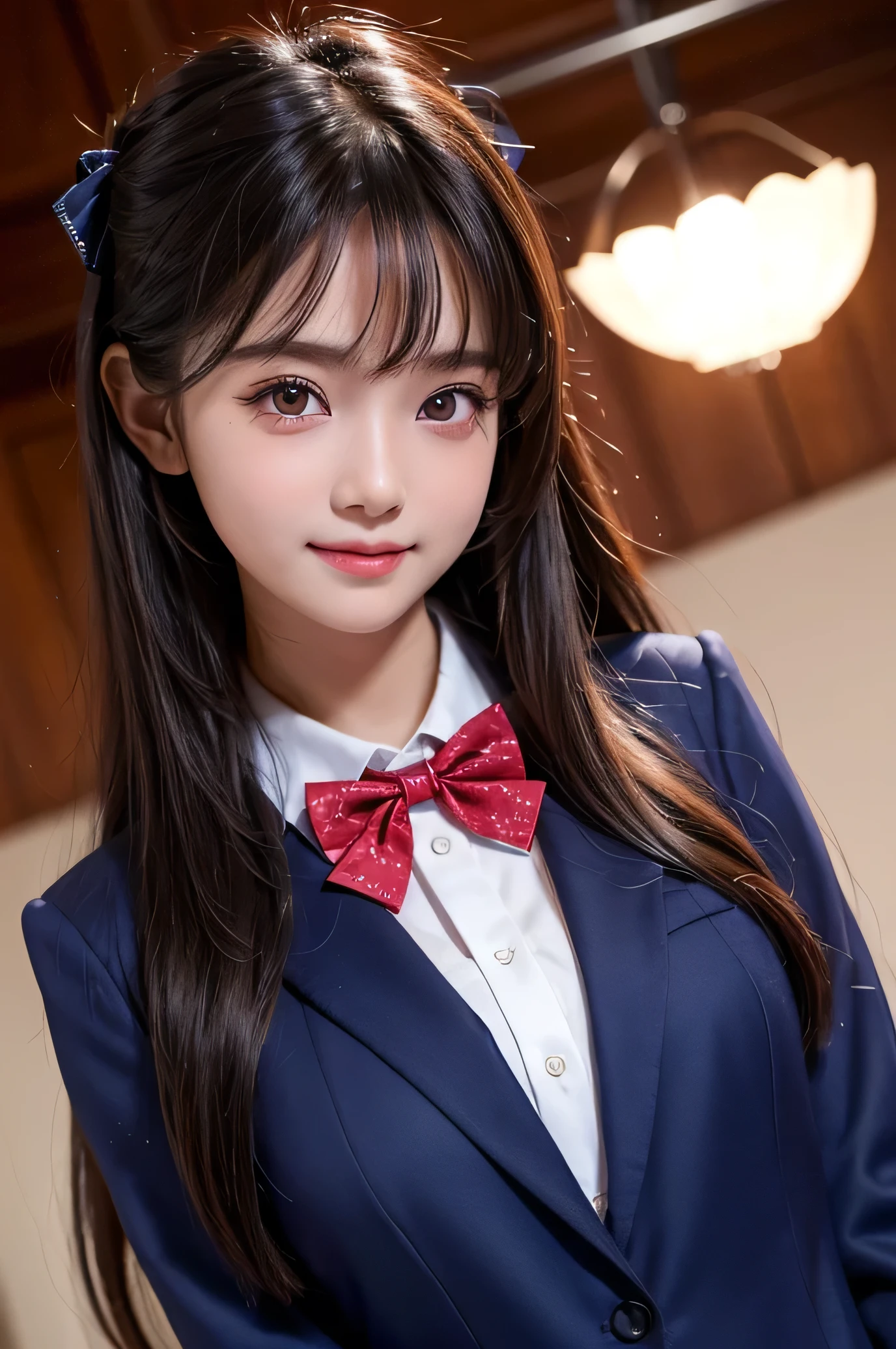 (Very beautiful cute girl), (very cute face:1.2),5 yo, (baby face:1.2),(sparking crystal clear attractive large eyes), Beautiful detailed eyes, Detailed double eyelids, (smiling), (realistic photograph:1.1), long straight hair,dark blue blazer high-school uniform,red neck bow tie