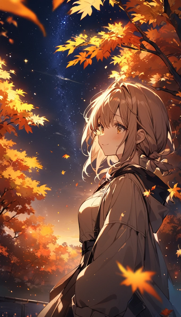 Autumn girl ,night, starry sky 