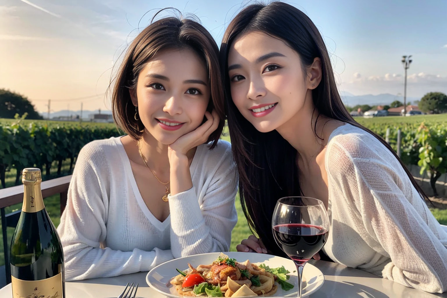 (Realistic:1.1),(masterpiece,Highest quality),8k,(58 years old), 53 years old, ベリーslimボディ、slimカップル、Tight waist,Upper Body,full-course dinner、wine 、Amazing view of the sunset sky and clouds、Perfect Anatomy, Brown Hair, short hair,Random Hairstyles,((Highly detailed face and eyes:1.2)),Perfect golden ratio face,Long sleeve shirt、dress,(smile:1.2)、Shortcuts、cute、(Realistic, Intricate details:1.2), A bright smile、short hair,Bright Face、赤wine 、Appetizers、Italian food、wine bottle、Champagne、スパークリングwine、(slimな顔), (The body is slim), (Brown Hair), (Shortcuts), Upper Body, 白wine, slim, wineグラス,