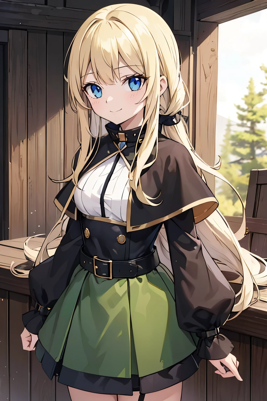 Safe for work, masterpiece, best quality, solo, 1 girl,  cute girl, wholesome girl, (young female body:1.4), ( medium small breasts), cowboy shot, shy smile, flustered,  yellow golden hair, extra long ponytail hair, thick wavy hair, hime cut, blunt bangs, crystal blue eyes, light blue detailed eyes, outside, cabin in the woods, standing, griffin style, dark green skirt, black compression shirt, black top, detached sleeves, black knee high socks, long dark green skirt, belt chains, extra extra long hair, griffin style dark green skirt, black crop top, capelet, cbct, white capelet, chains on skirt, long green skirt, belt chains