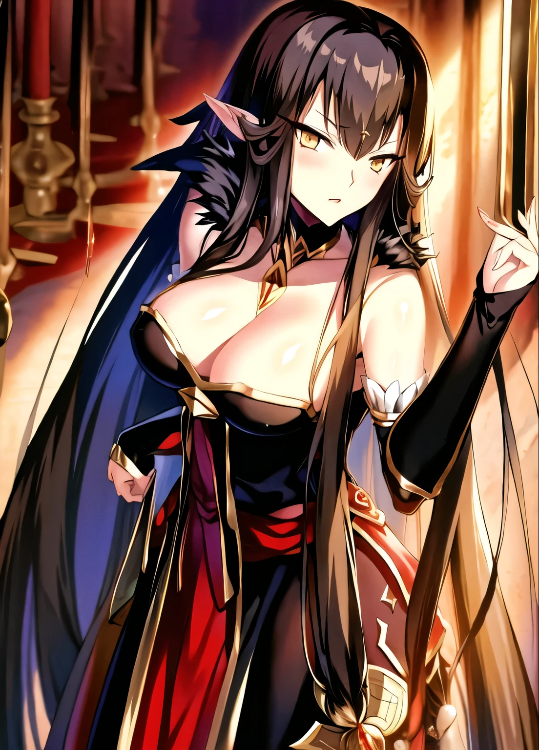 (masterpiece, best quality:1.2), black_hair, breasts, bridal_gauntlets, cleavage, fate/apocrypha, fate_\(series\), fingernails, fringe, fur, fur_collar, fur_trim, girl, grey_background, hair_between_eyes, kinokohime, long_hair, looking_at_viewer, pointy_ears, semiramis_\(fate\), simple_background, single, tall_image, upper_body, yellow_eyes