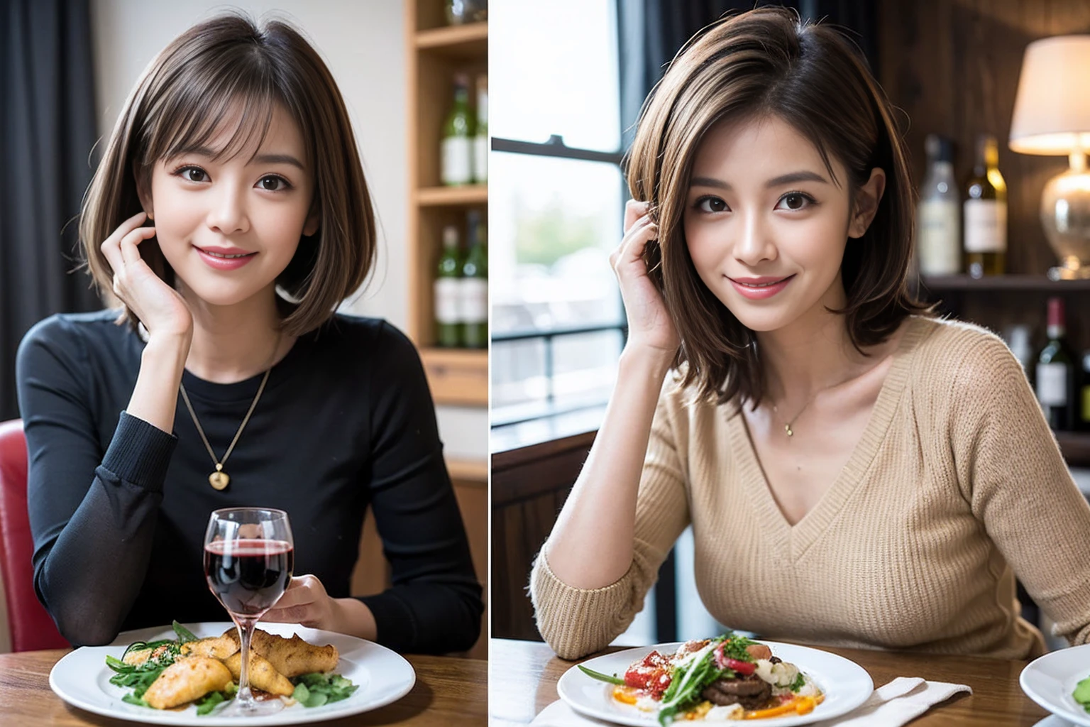 (Realistic:1.1),(masterpiece,Highest quality),8k,(49 years old), 53 years old, ベリーslimボディ、slimカップル、Tight waist,Upper Body,full-course dinner、wine 、Amazing view of the sunset sky and clouds、Perfect Anatomy, Brown Hair, short hair,Random Hairstyles,((Highly detailed face and eyes:1.2)),Perfect golden ratio face,Long sleeve shirt、dress,(smile:1.2)、Shortcuts、cute、(Realistic, Intricate details:1.2), A bright smile、short hair,Bright Face、赤wine 、Appetizers、Italian food、wine bottle、Champagne、スパークリングwine、(slimな顔), (The body is slim), (Brown Hair), (Shortcuts), Upper Body, 白wine, slim, wineグラス,