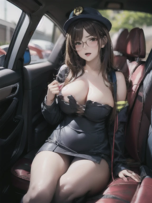 ((Highest quality)), ((masterpiece)), (detailed), One Girl,(Knee-length),Cosplay,whole body,Big Breasts,Underbust,Glasses,22-year-old woman,Naughty look),short hair,(Loose perm),((Excited expression)),Browsing Caution,nswf Japanese,(Attractive appearance),atmosphere,rotor,blush,Fishnet tights,Police car,Inside the car,