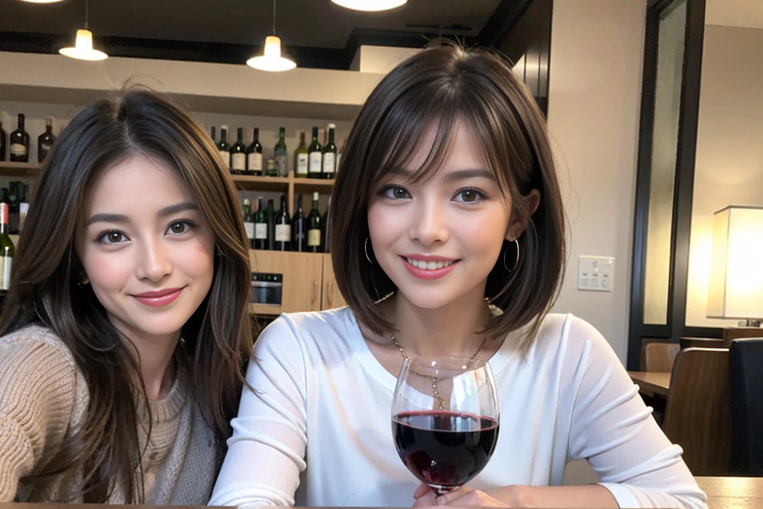 (Realistic:1.1),(masterpiece,Highest quality),8k,(55 years old), 53 years old, ベリーslimボディ、slimカップル、Tight waist,Upper Body,full-course dinner、wine 、Amazing view of the sunset sky and clouds、Perfect Anatomy, Brown Hair, short hair,Random Hairstyles,((Highly detailed face and eyes:1.2)),Perfect golden ratio face,Long sleeve shirt、dress,(smile:1.2)、Shortcuts、cute、(Realistic, Intricate details:1.2), A bright smile、short hair,Bright Face、赤wine 、Appetizers、Italian food、wine bottle、Champagne、スパークリングwine、(slimな顔), (The body is slim), (Brown Hair), (Shortcuts), Upper Body, 白wine, slim, wineグラス,