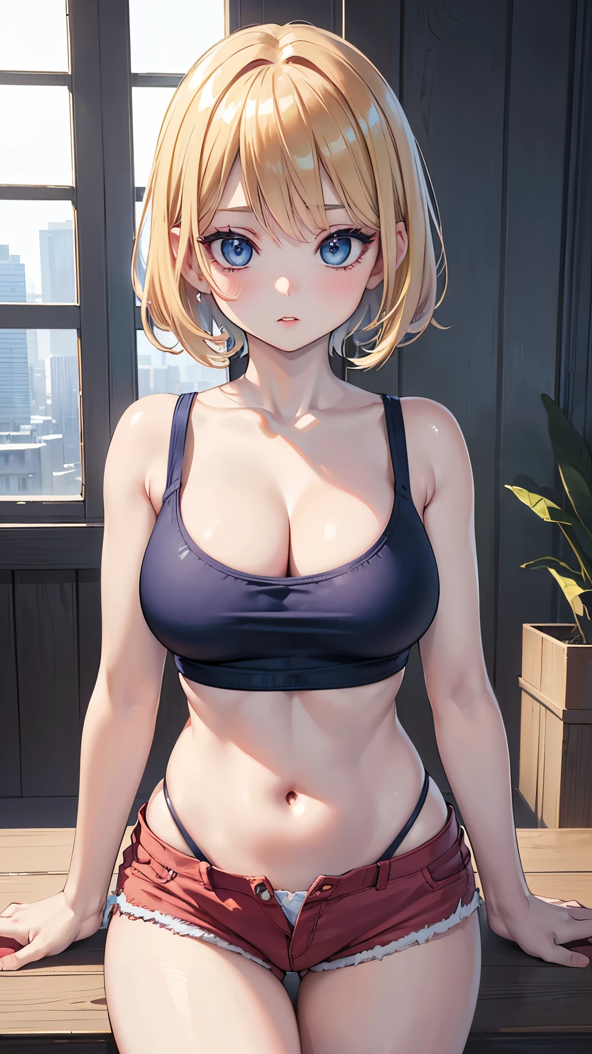 (masterpiece, 最high quality, 超High resolution, Very detailed), (Realistic:1.1, photoRealistic:1.4), Perfect illustration, Perfect lighting,Hair in perfect detail, Perfect and detailed face, Perfect collarbone, Perfect body,Juicy breasts, Perfect Thighs, Beautiful feet, View your viewers, 1 Girl,Perfect Face, (Perfect Anatomy, Anatomically correct), Symmetrical face、((Shiny Hair)),Sexy Body、(masterpiece),(最high quality:1.3),8k,Very clear,(Ultra-realistic),,Captivating woman,(high quality, High resolution, Fine details), Realisticなスタイルの女性,Juicy breasts、One perfect woman、Perfect Face、Symmetrical face、、((Large Breasts))、Cleavage、belly button、blush、((Juicy lips))、Cowboy Shot、((Short Blonde Hair))、((Big double blue eyes、Long eyelashes))、((Red makeup))、(((Micro Tank Top)))、(((Micro Shorts)))、(indoor、View of the city from the large window)