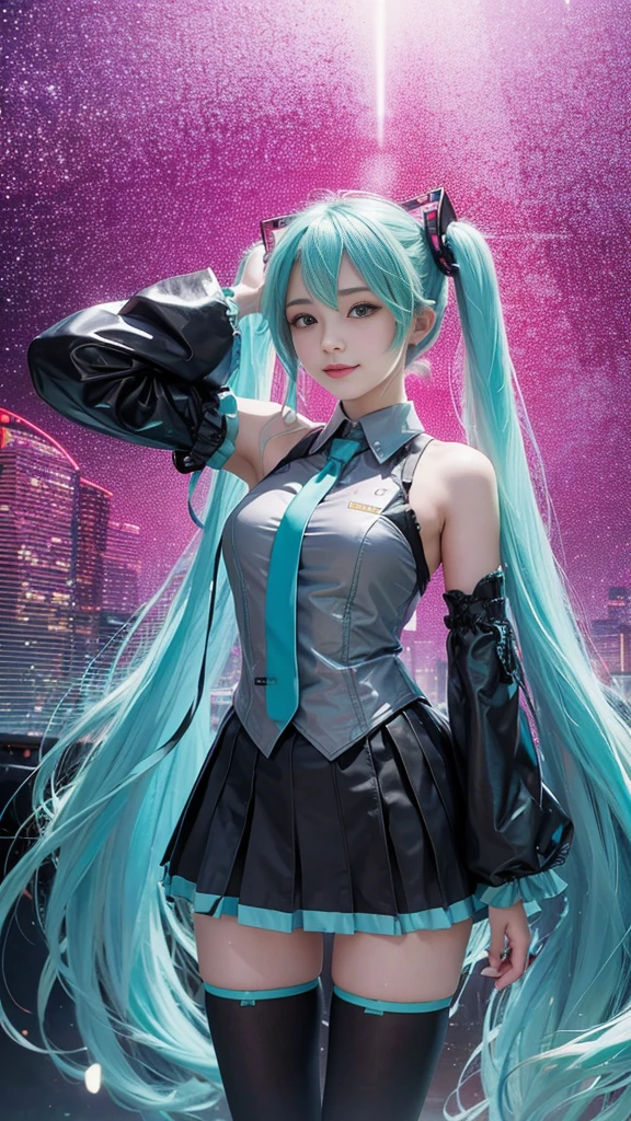 realisticlying, A high resolution, softlighting,a score_9, score_8_up, score_7_up, score_6_up, score_5_up, score_4_up, BREAK 1girl, intricate, looking at front, detailed background, (masterpiece, high quality:1) Hatsune Miku, standing, smiling