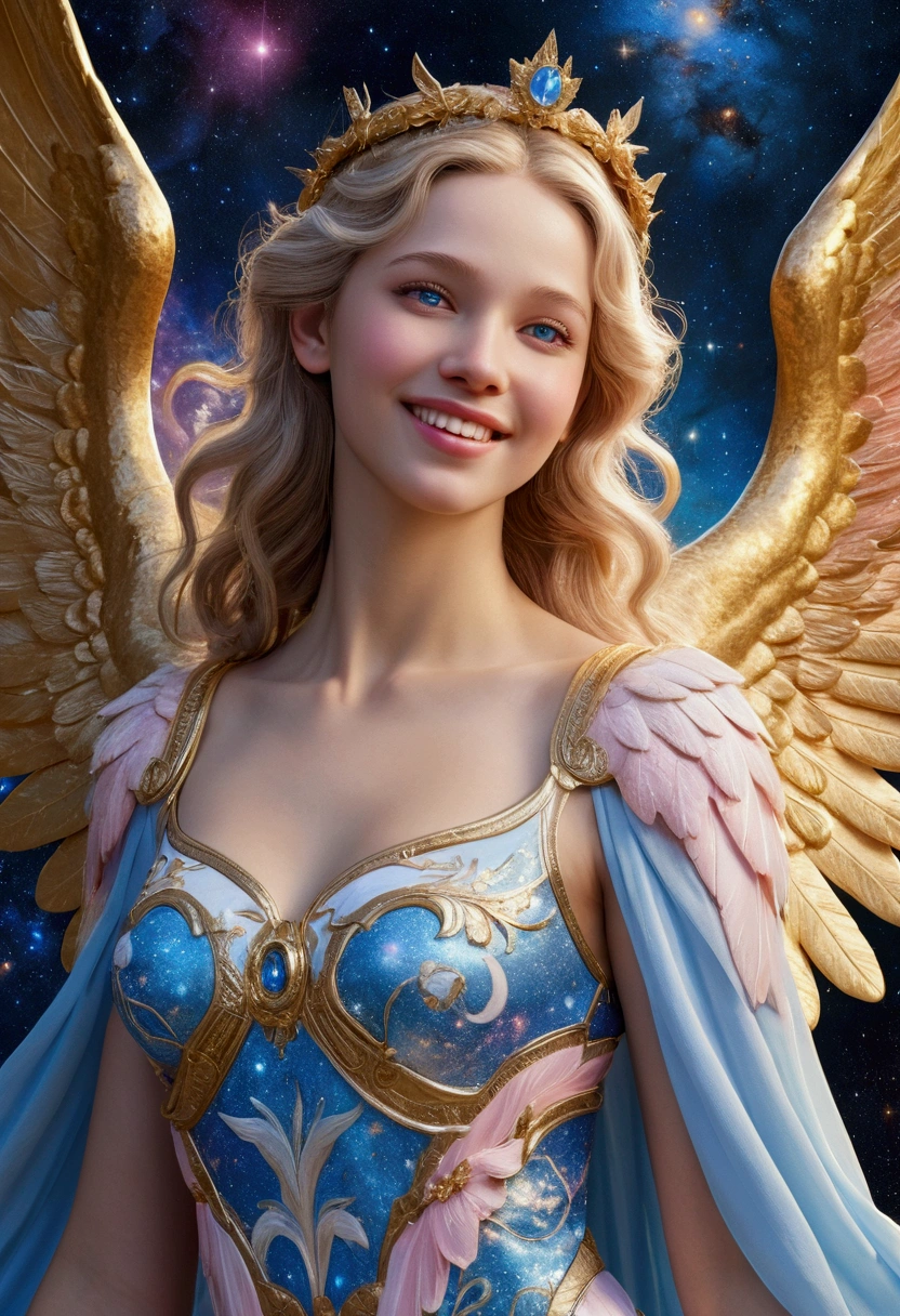 A close-up, hyperdetailed masterpiece of a beautiful female angel with pale pink and blue wings, wearing a blue and white dress, standing in front of a shining golden Galaxy Universe. Godness, Angel at Garden of Eden, Hyper Realistic face, smile, skin, teeth, and eyes. Best quality, vivid, UHD, 48K