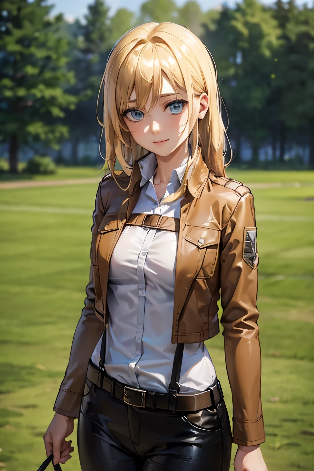 ((Upper body portrait)), (masterpiece), Highest quality, Expressive eyes, Perfect Face, High resolution, (8k), (Perfect Face), (Super detailed), Picchi Historia, One girl, alone, View your viewers, Blonde, Hair between the eyes, short hair, Long Hair, blue eyes, Jacket, Paradis military uniform, pants, shirt, brown Jacket, belt, white pants, Long sleeve, Symbolism, open Jacket, collared shirt, Open clothes, Thigh straps, boots, white shirt, Are standing, Field, Grass, wood, smile