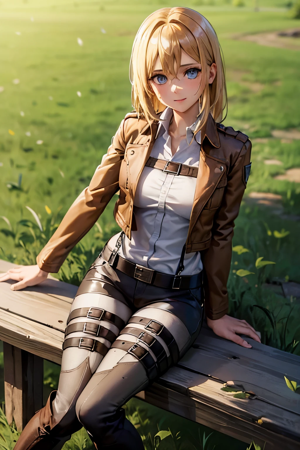 ((Upper body portrait)), (masterpiece), Highest quality, Expressive eyes, Perfect Face, High resolution, (8k), (Perfect Face), (Super detailed), Picchi Historia, One girl, alone, View your viewers, Blonde, Hair between the eyes, short hair, Long Hair, blue eyes, Jacket, Paradis military uniform, pants, shirt, brown Jacket, belt, white pants, Long sleeve, Symbolism, open Jacket, collared shirt, Open clothes, Thigh straps, boots, white shirt, Are standing, Field, Grass, wood, smile