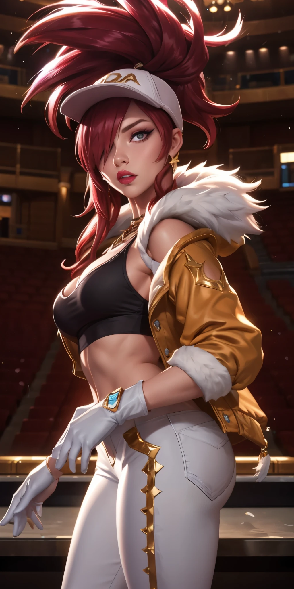 Akali kda prestige, 1girl, solo, long hair, breasts, looking at viewer, jewelry, medium breasts, red hair, necklace, hair over one eye, lips, makeup, white headwear, upper body, epic light, crop top, fur trim, jacket, concert hall, standing, white gloves, white pants, tight pants, k/da (league of legends), off shoulder,  parted lips, ponytail, hold out hand