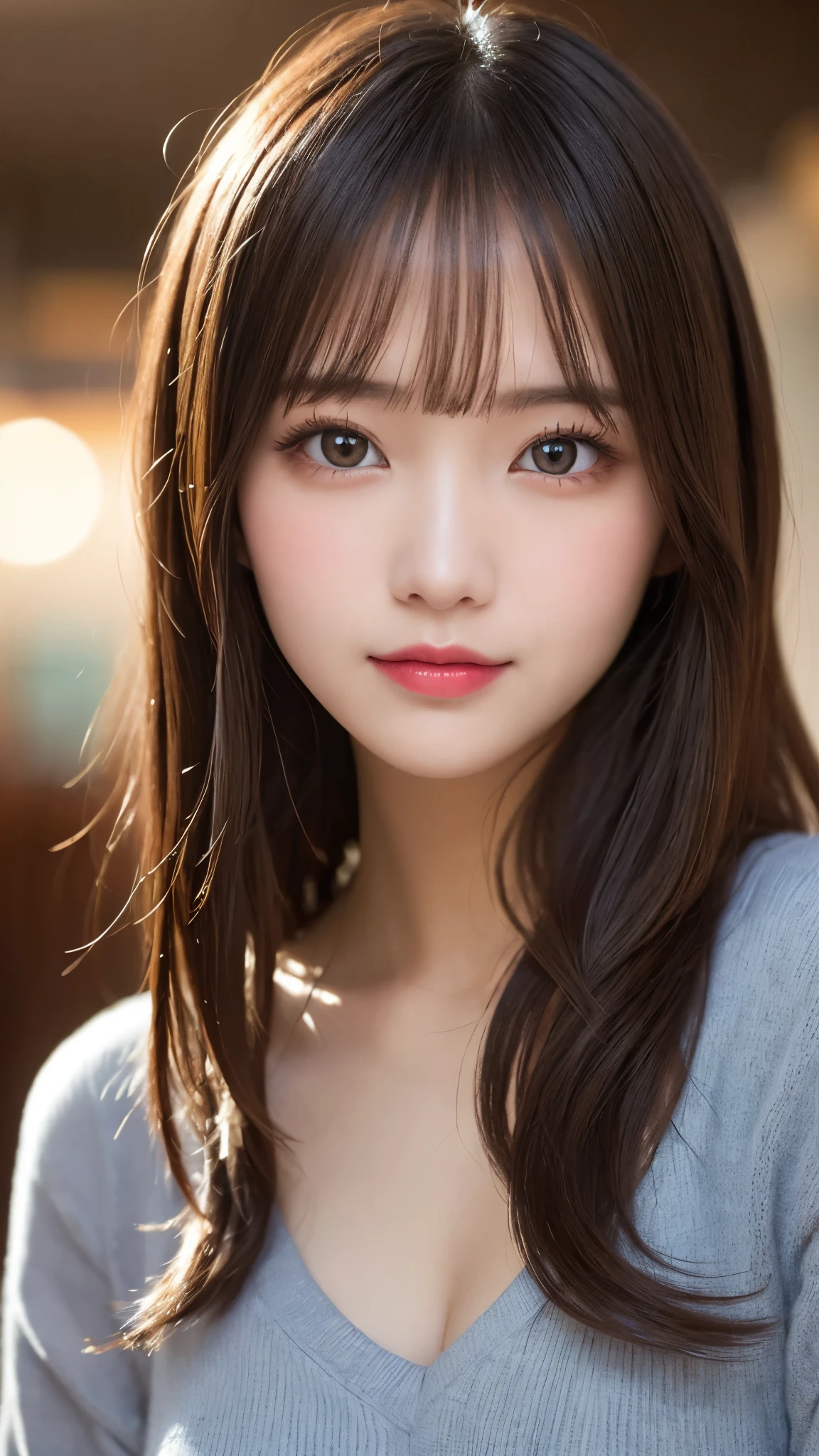 Tabletop, Highest quality, shape, Very detailed, finely, High resolution, 8k wallpaper, 完璧なダイナミックな構shape, Beautiful and detailed, ランダムなcute髪,Small breasts,Natural color lip, Bold sexy pose,smile、20-year-old girl、cute、looking at the camera,Always blur the background,Perfect and beautiful face,Photograph only the face,Beautiful and elaborate face、Slim face and figure,Big eyes、Putting on gal makeup