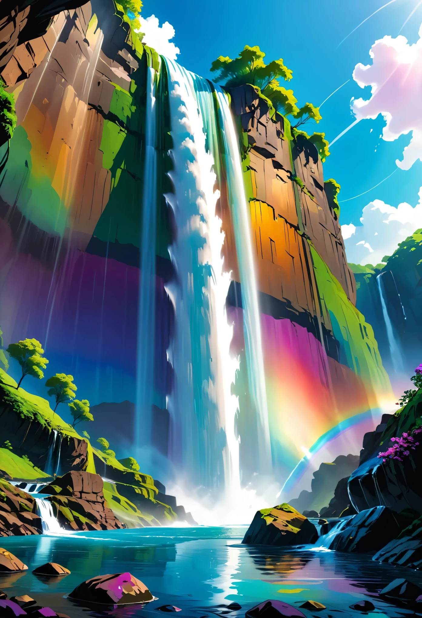 a ((low angle shot: 1.5)), from below of an epic waterfall, there is an epic waterfall coming out of an epic cliff, ((standing really close to the waterfall)) the water coming down in earnest, there is a rainbow reflected on the  water, vibrant, Ultra-high resolution, High Contrast, (masterpiece:1.5), highest quality, Best aesthetics), best details, best quality, highres, 16k, (ultra detailed: 1.5), masterpiece, best quality, (extremely detailed) RAW, (ultra details, Masterpiece, best quality), chumbasket art style, ral-czmcrnbw