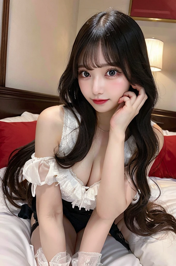 NSFW,(Beautiful 20 year old girl,double eyelids,tear bags,Big, round eyes、Long eyelashes),（H cup big breasts、Red Garter Belt）、（black long hair,bangs）、On the bed in a house where I live alone、highest quality, figure, Very detailed, Fine details, High resolution, 8K, Perfect dynamic composition, Beautiful fine details,Natural color lip, A shy smile、The only person, Bust up photo、Correct posture