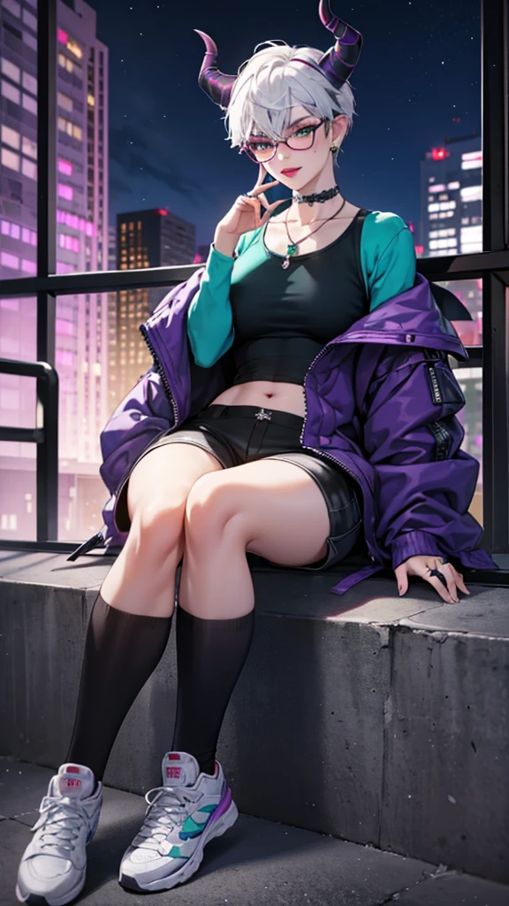 8k, masterpiece, best quality, highly detailed, 1 girl, tiefling, warlock, pixie cut, multicolored hair, very short straight hair green highlight hair on white hair, strippled hair, wearing glasses, round glasses, sexy, earrings, navel piercing, red eyeshadow, long eyelashes, blushed cheek, red lips, necklace, rings, collarbone, mole on face, glamorous, wearing large jacket, teal clothing, purple clothes, smirk, halfbody view, rings, looking at viewer, demon horns, solo, city, nighttime, sitting, white shirt, sneakers, short pants, black legging, athletic.