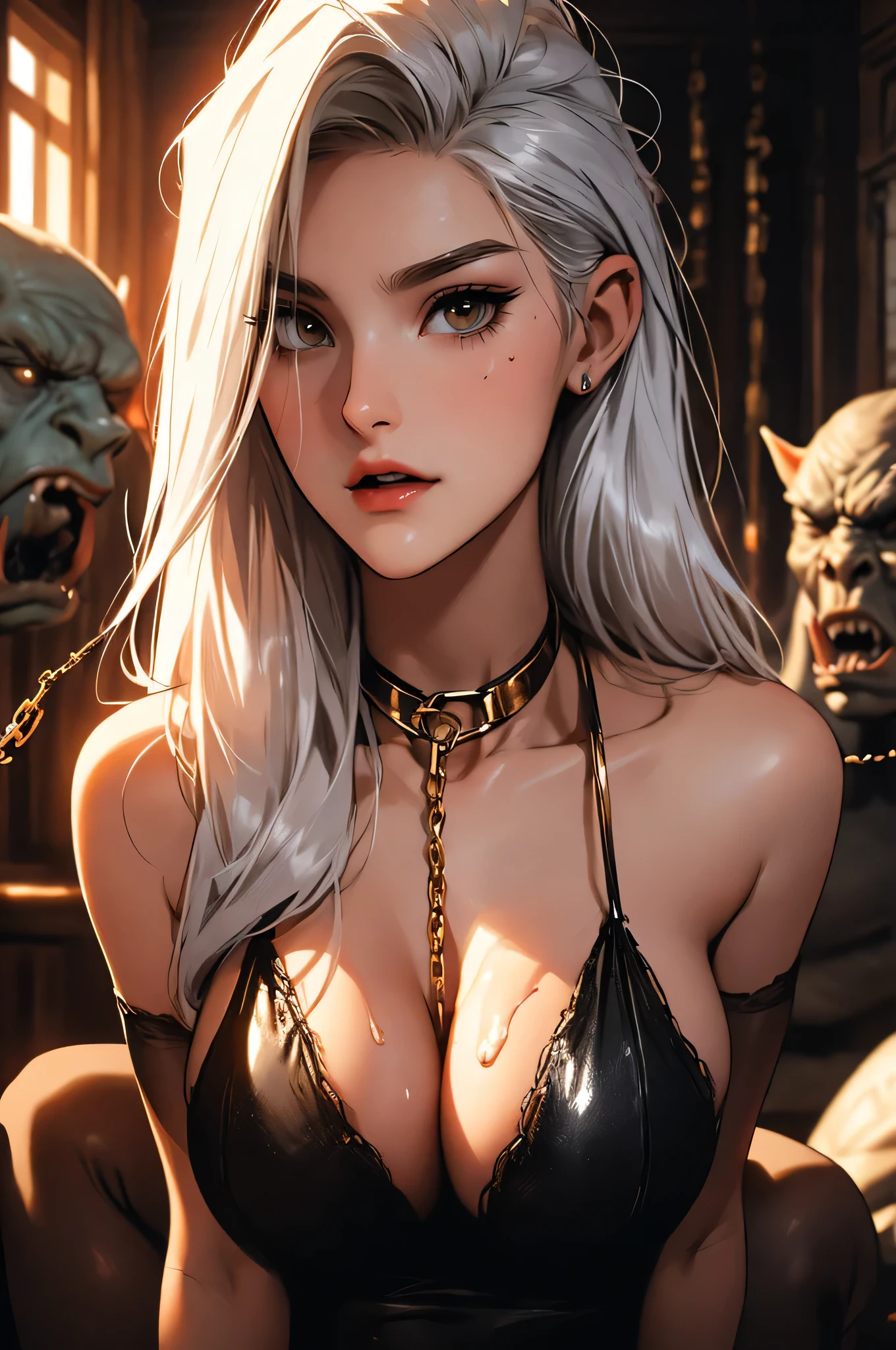 （lifelike， high - resolution：1.3）， 1 girl with a perfect body，slender body, Super fine face and eyes，assasin, dark makeup, shiny skin，white hair, (surrounded by monster, orc), demons, beautiful captured girl, horror, dark, sexy, rough, , bdsm, golden chains, (golden leash), collar, beautiful bodies, slim, horror style, highly detailed faces, red silk underware, stockings, leather tight boots, closeup, ((orc groping girl, gangbang)), ((covered in cum))