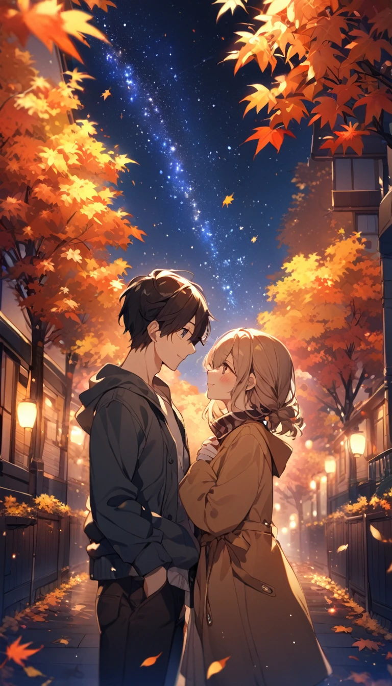 Autumn ,loving couple  ,night, starry sky 