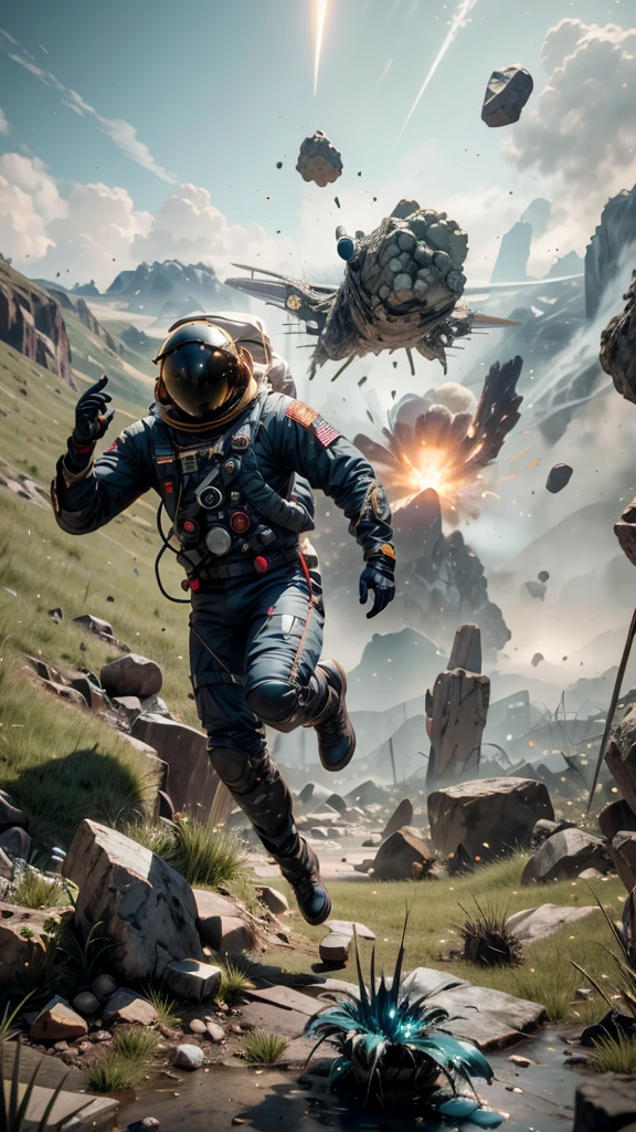 Astronaut with LIGHT SWARD, climbing the asteroid, character render, ultra high quality model, ethereal background, abstract beauty, explosive volumetric, oil painting, heavy strokes, paint dripping HDR (High Dynamic Range) ,Ray Tracing, NVIDIA RTX, Super-Resolution, Unreal 5, Subsurface scattering, PBR Texturing