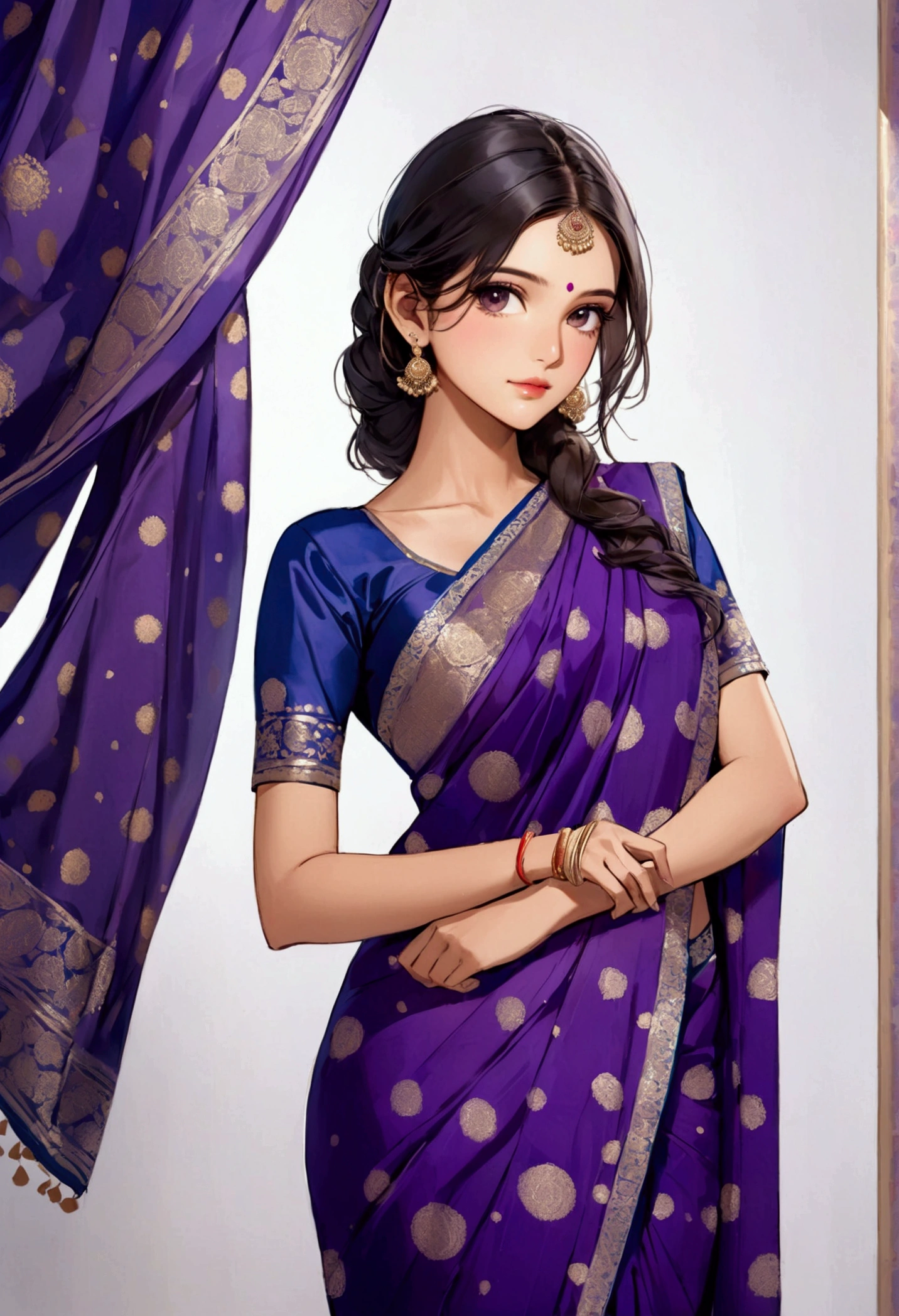 An Indian model wearing a traditional saree with a deep purple color and gold polka dot pattern, featuring an intricate blue and silver border with floral and geometric designs. The model is posing gracefully, showcasing the saree in a well-lit studio with a plain background.