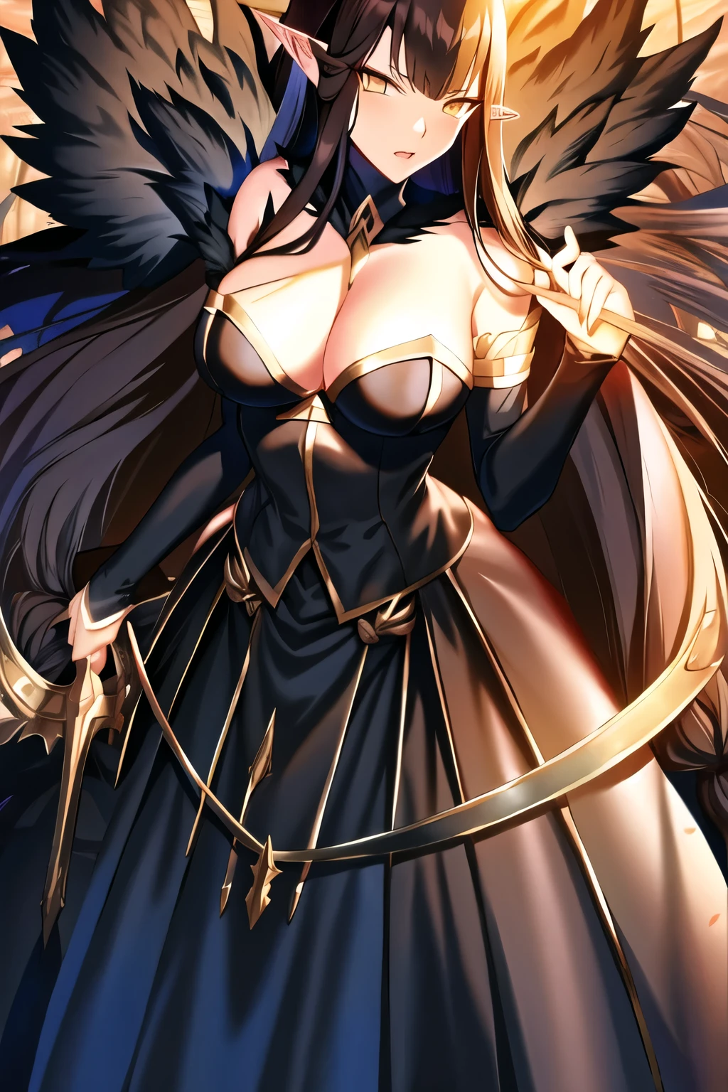 black_dress, black_hair, breasts, cleavage, detached_sleeves, dress, dress_lift, fate/apocrypha, fate_\(series\), fringe, fur, fur_collar, fur_trim, girl, hand_on_face, highres, large_breasts, light_erotic, looking_at_viewer, ohland, parted_lips, payot, petals, pointy_ears, semiramis_\(fate\), single, standing, tall_image, very_long_hair, yellow_eyes