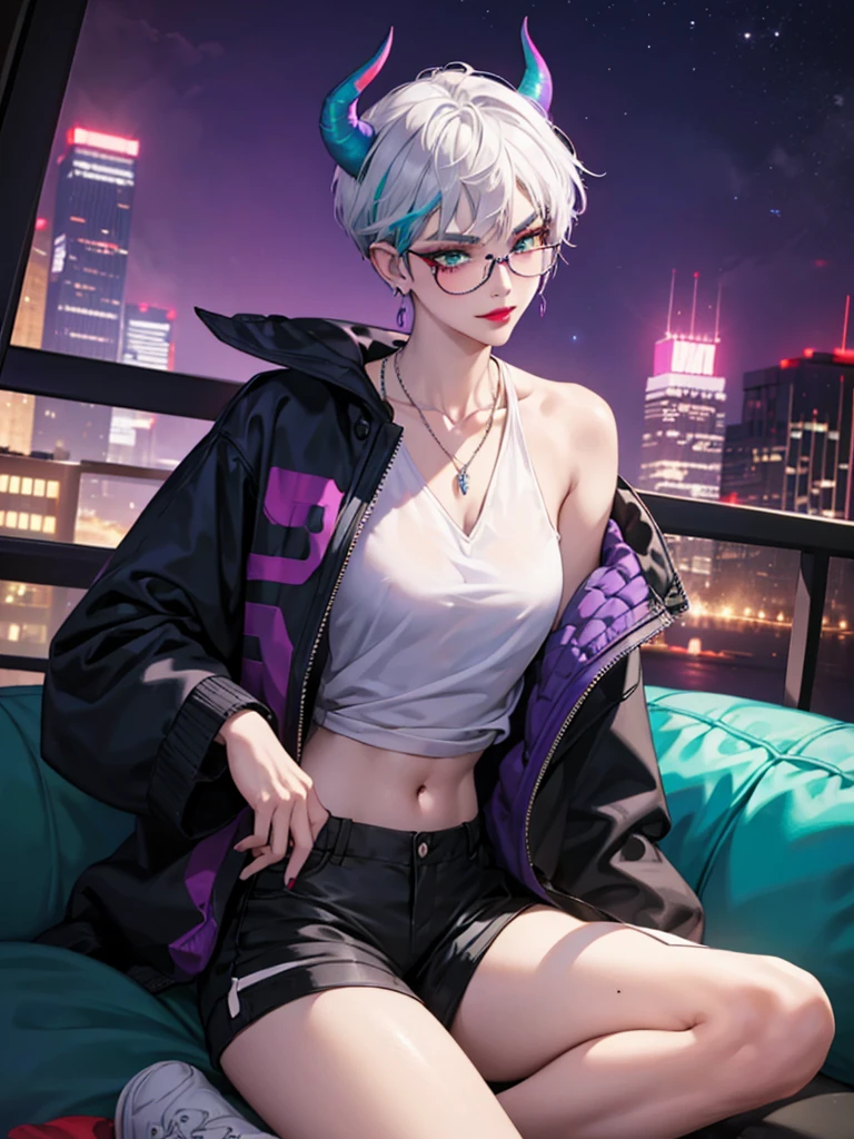 8k, masterpiece, best quality, highly detailed, 1 girl, tiefling, warlock, pixie cut, multicolored hair, very short straight hair green highlight hair on white hair, strippled hair, wearing glasses, round glasses, sexy, earrings, navel piercing, red eyeshadow, long eyelashes, blushed cheek, red lips, necklace, rings, collarbone, mole on face, glamorous, wearing large jacket, teal clothing, purple clothes, smirk, halfbody view, rings, looking at viewer, demon horns, solo, city, nighttime, sitting, white shirt, sneakers, short pants, black legging, athletic. 