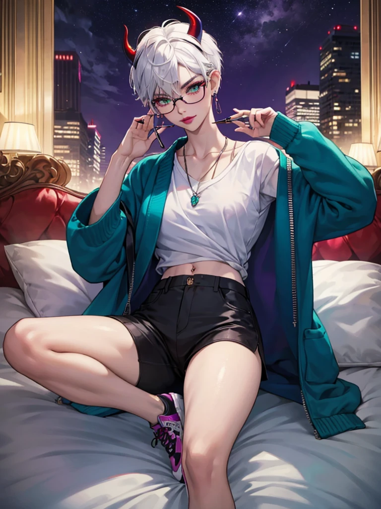 8k, masterpiece, best quality, highly detailed, 1 girl, tiefling, warlock, pixie cut, multicolored hair, very short straight hair green highlight hair on white hair, strippled hair, wearing glasses, round glasses, sexy, earrings, navel piercing, red eyeshadow, long eyelashes, blushed cheek, red lips, necklace, rings, collarbone, mole on face, glamorous, wearing large jacket, teal clothing, purple clothes, smirk, halfbody view, rings, looking at viewer, demon horns, solo, city, nighttime, sitting, white shirt, sneakers, short pants, black legging, athletic.