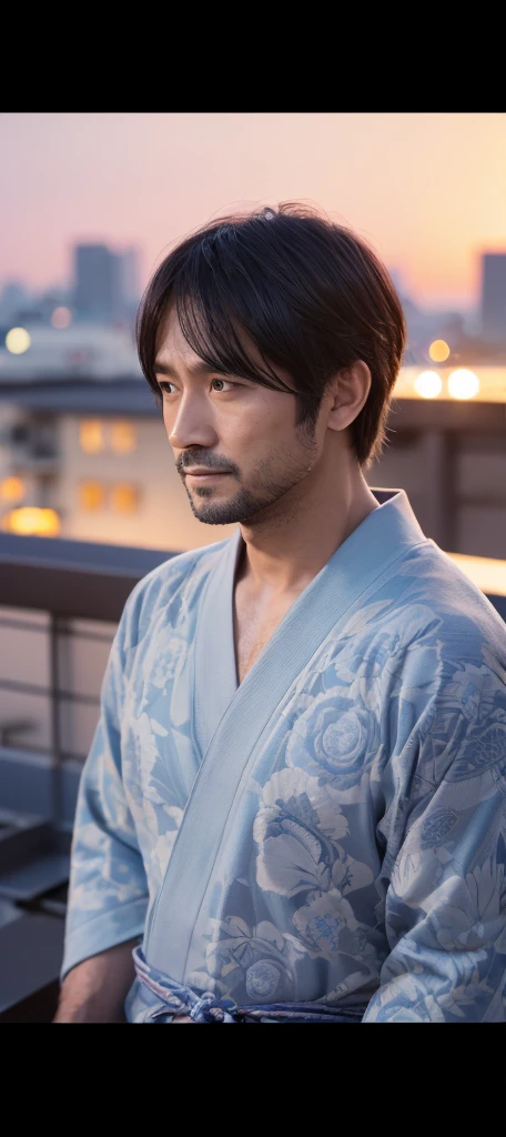(Highest quality, masterpiece, 8k,Cinema Lighting, 3D Rendering, Super detailed), Man in his 30s,neutral,A kind expression,yukata,Night Sky,Rooftop,Close your eyes,Looking away