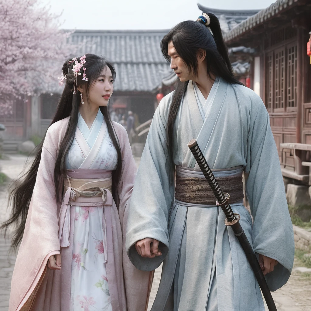 a Chinese woman wearing traditional pastel colored clothing, with a katana on her back. Was chatting with a Chinese man with long black hair, wearing traditional clothes while walking and holding hands. Looks romantic. The setting is in a village, houses and falling cherry trees. Realistic. HyperRealistic. Ultra HD